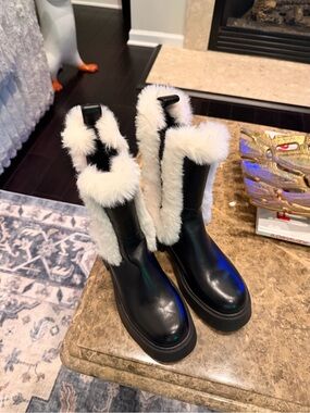 Black Leather Winter Boots with White Fur Trim